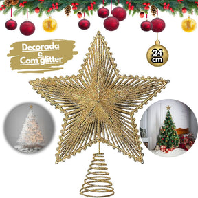 Estrela 24cm Brilhante Aramada Com Glitter Para Árvore De Natal Metalizado